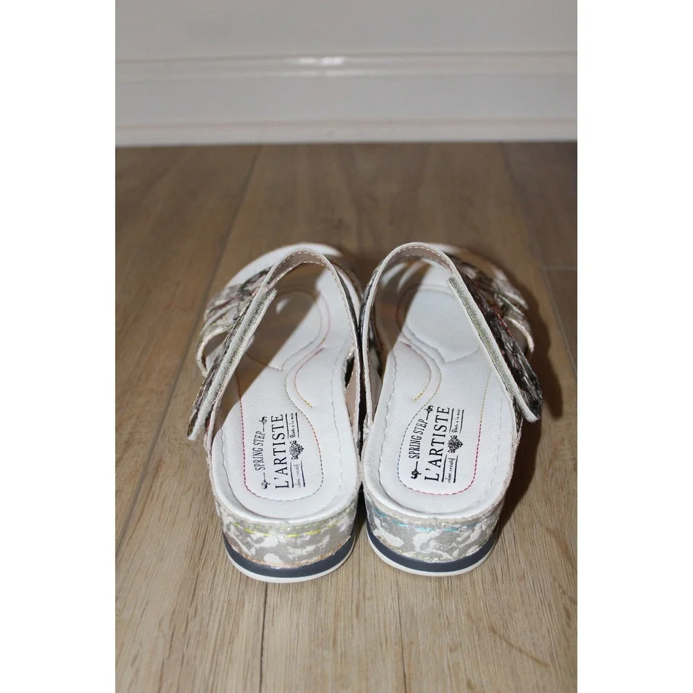 L'Artiste Spring‎ Step Caiman Floral Leather Wedge Slide Sandals Silver White 38